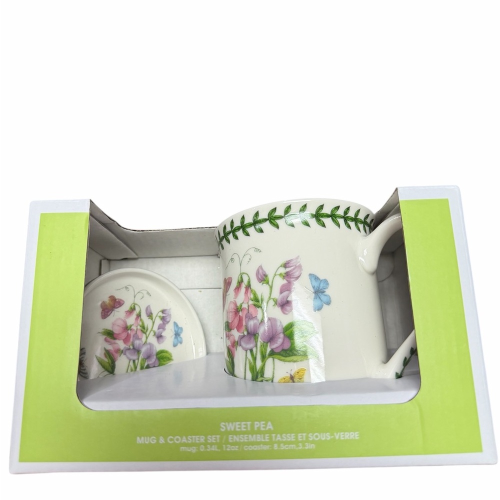 Portmeiriion Sweet Pea Floral Mug Coaster Set Pink Green Accents Coffee Tea New